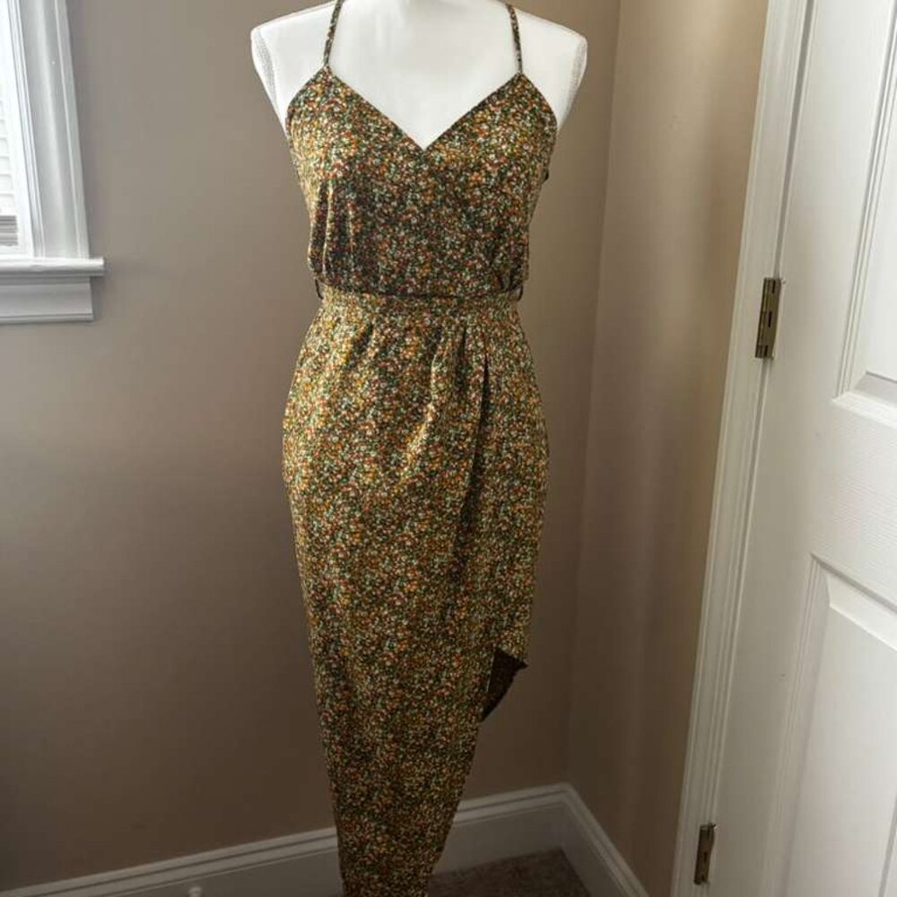 Cute XS Floral Midi Dress – Green Print, Spaghetti Straps